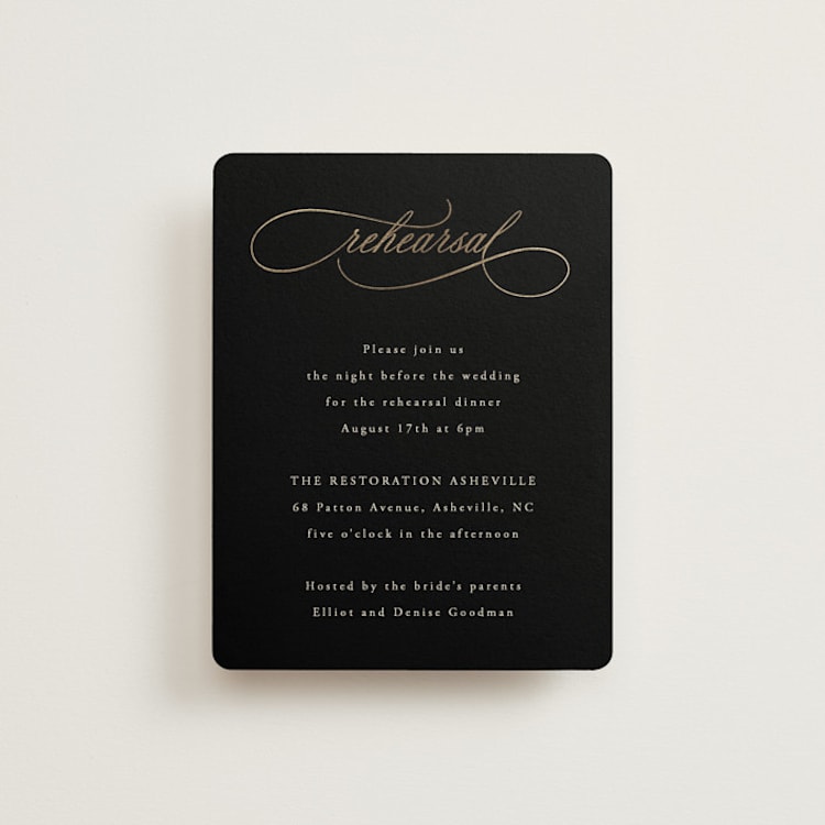 "Black Tie Affair" - Foil-Pressed Rehearsal Dinner Cards in Onyx by Hooray Creative - Front