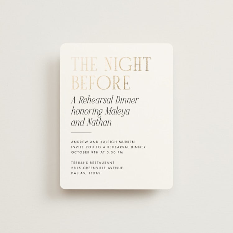 "Magazine" - Foil-Pressed Rehearsal Dinner Cards in Lace by Kaydi Bishop - Front