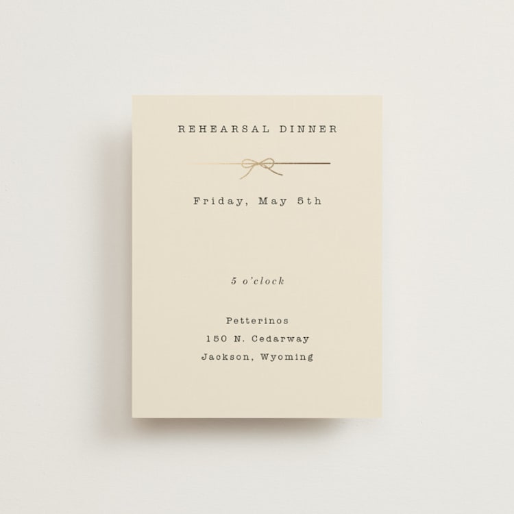 "Bow Tie" - Foil-Pressed Rehearsal Dinner Cards in Ivory by Baumbirdy - Front