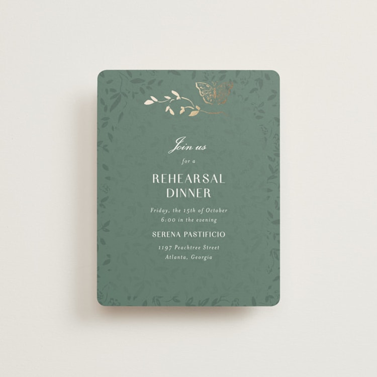 "Southern Romance" - Foil-Pressed Rehearsal Dinner Cards in Eucalyptus by Simona Camp - Front