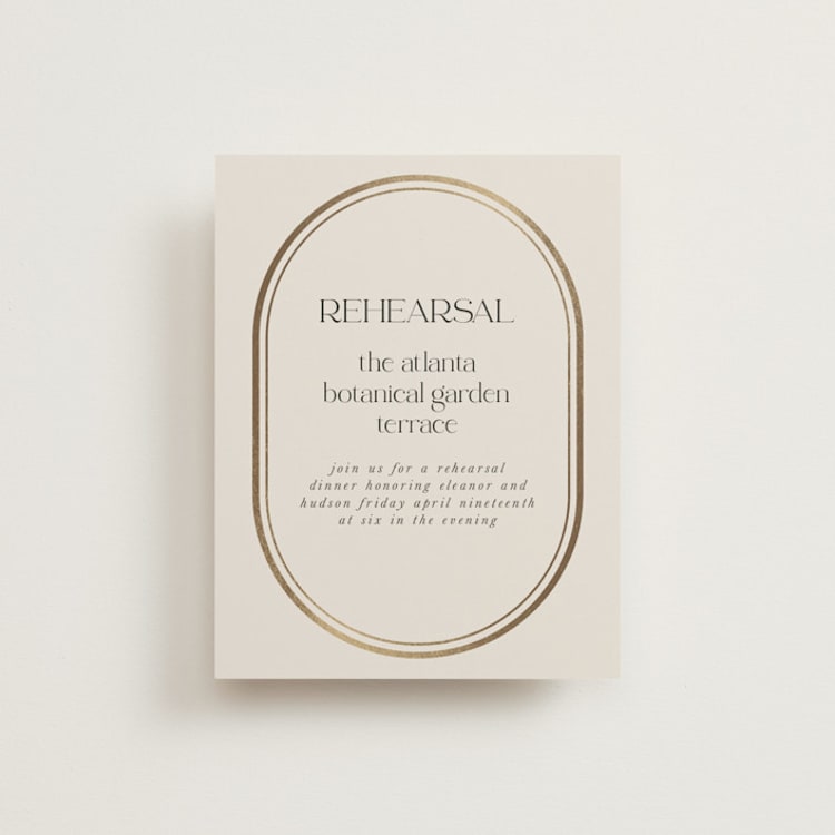 "oval" - Foil-Pressed Rehearsal Dinner Cards in Sandstone by lori jacobs wemple - Front