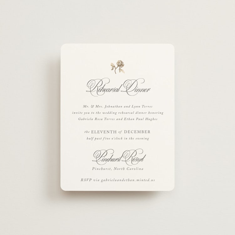 "Here With You" - Foil-Pressed Rehearsal Dinner Cards in Classic Bride by Design Lotus - Front