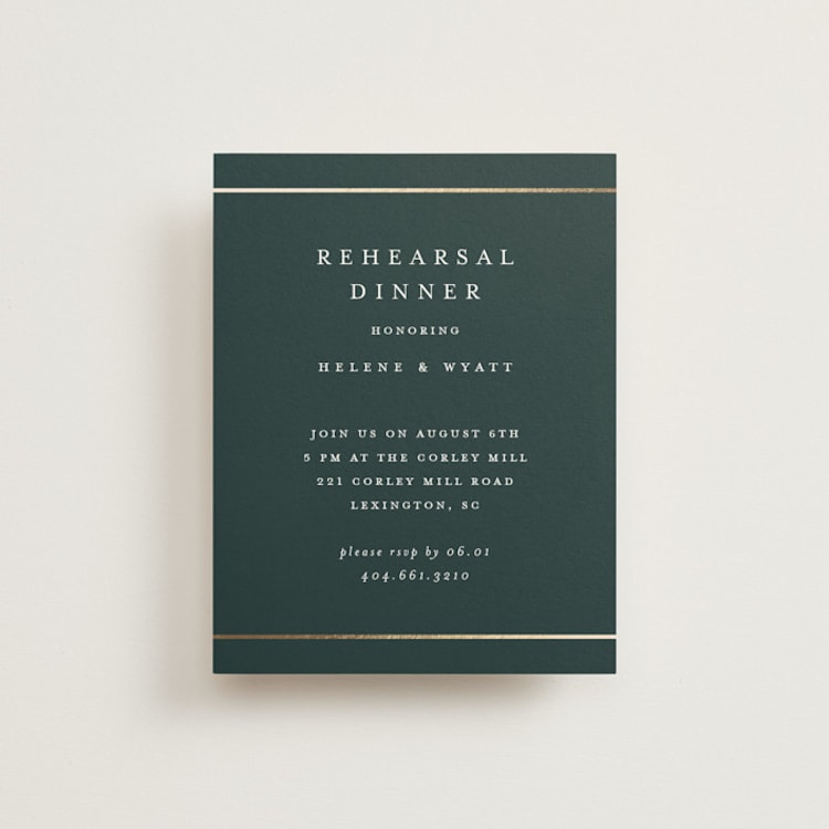 "Style and grace" - Foil-Pressed Rehearsal Dinner Cards in Forest by Stacey Meacham - Front