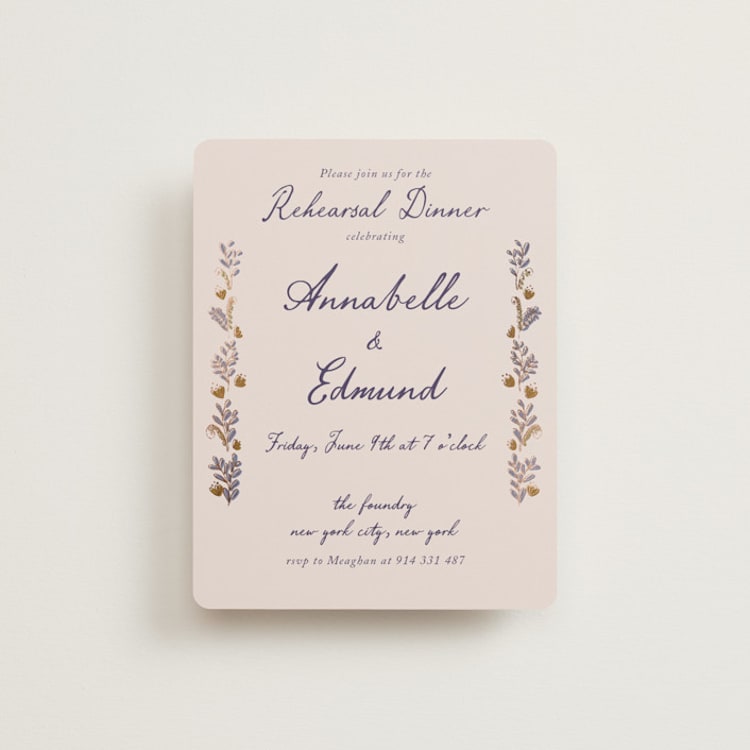 "Together in Bloom" - Foil-Pressed Rehearsal Dinner Cards in Wisteria by Monika Konieczna - Front