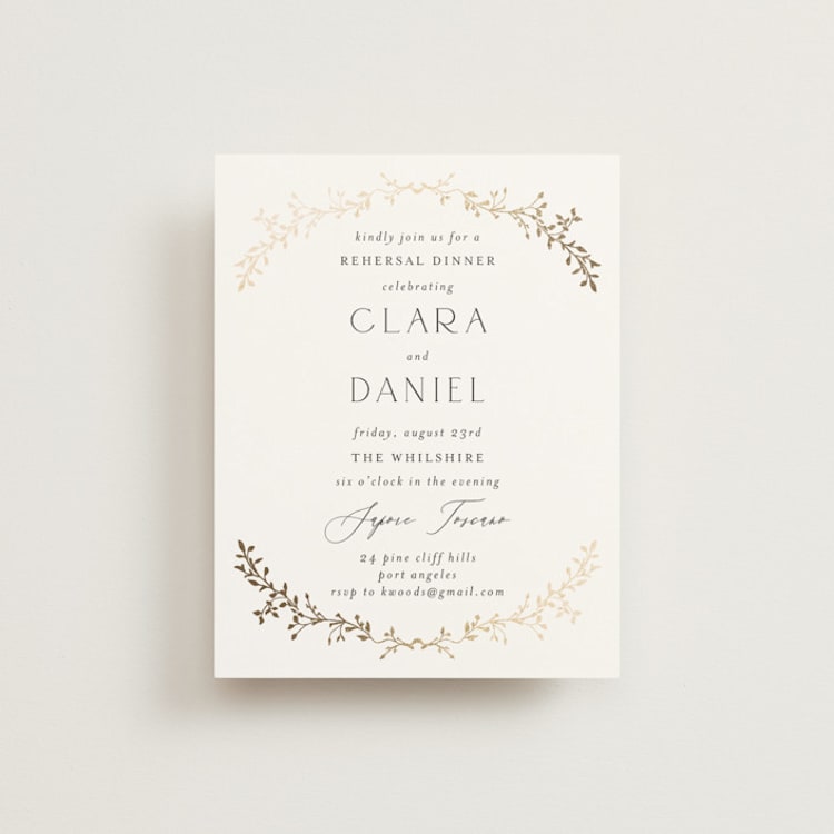 "Delicate Vine" - Foil-Pressed Rehearsal Dinner Cards in Alabaster by Susan Moyal - Front