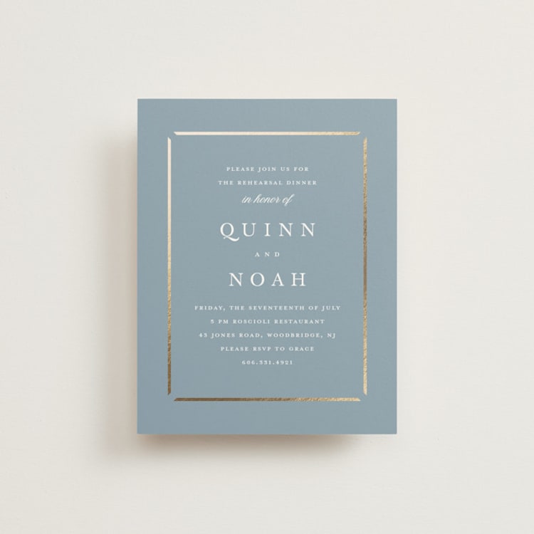 "Elegant bevel" - Foil-Pressed Rehearsal Dinner Cards in Dusty Blue by Stacey Meacham - Front