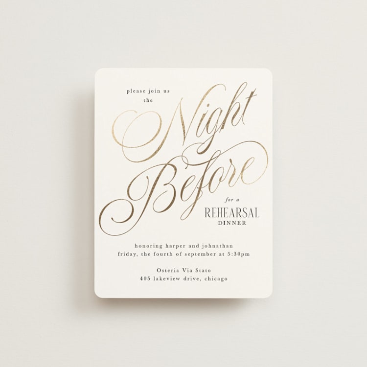 "Mirin" - Foil-Pressed Rehearsal Dinner Cards in Diamond by Kate Ahn - Front