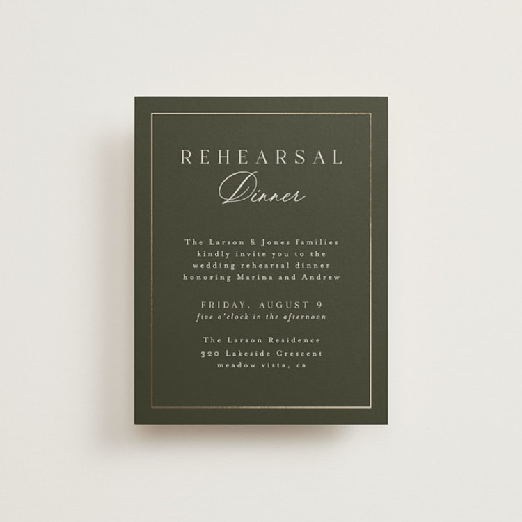 "Refined" - Foil-Pressed Rehearsal Dinner Cards in Deep Olive by Nicole Walsh - Front