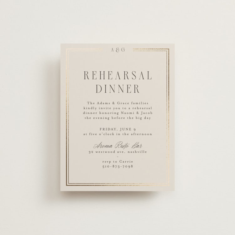 "Grace" - Foil-Pressed Rehearsal Dinner Cards in Champagne by Nicole Walsh - Front
