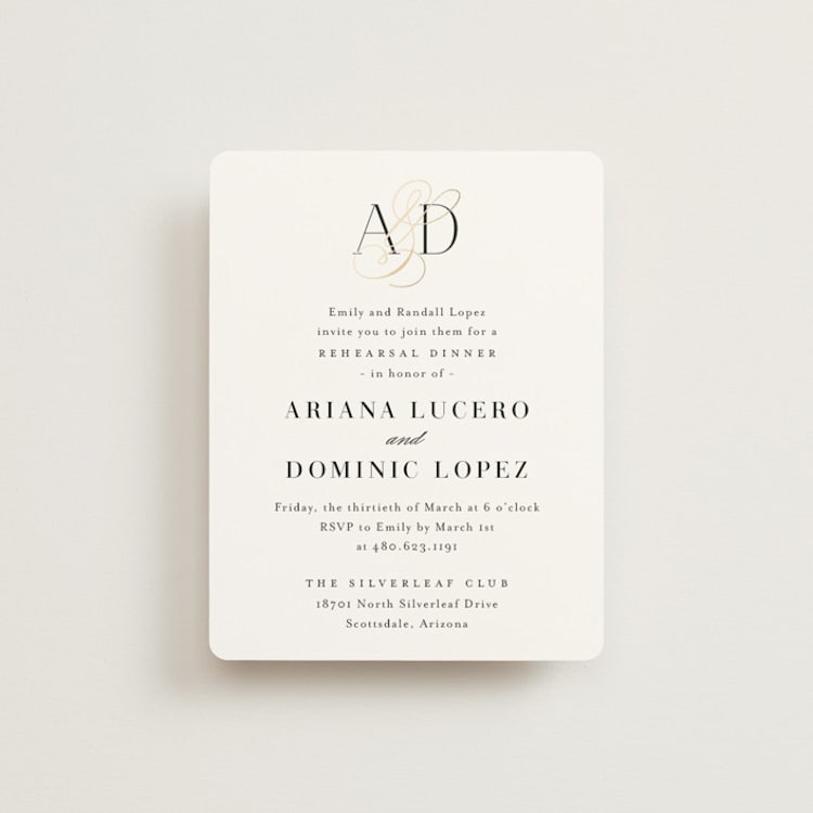 "Gilded Ampersand" - Foil-Pressed Rehearsal Dinner Cards in Cotton by Jennifer Postorino - Front