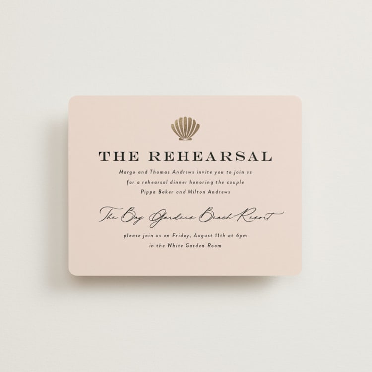 "tropical getaway" - Foil-Pressed Rehearsal Dinner Cards in Blush by Laura Hamm - Front