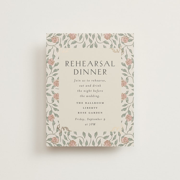 "dancing in the garden" - Foil-Pressed Rehearsal Dinner Cards in Blush Meadow by Grae - Front