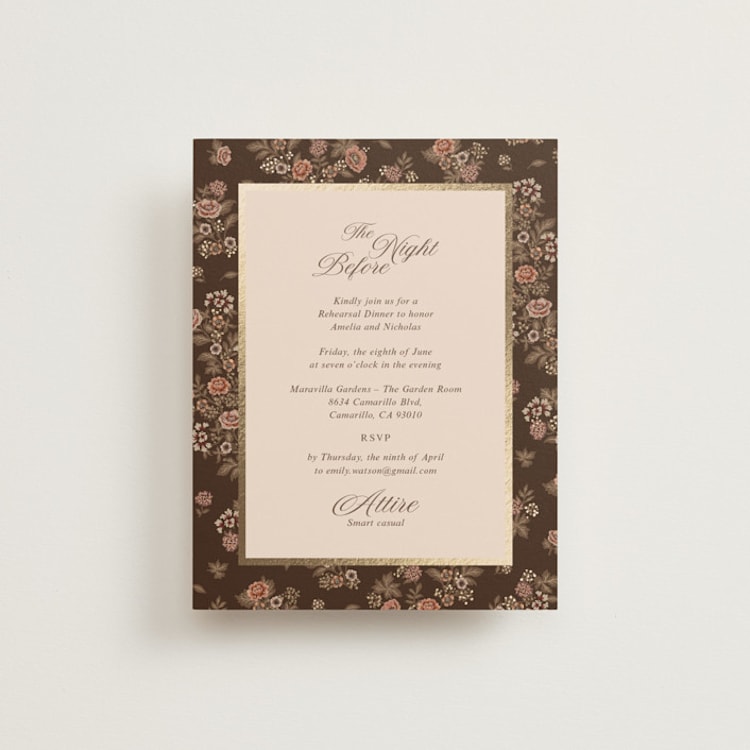 "Blooming path" - Foil-Pressed Rehearsal Dinner Cards in Chocolate by Paola Benenati - Front