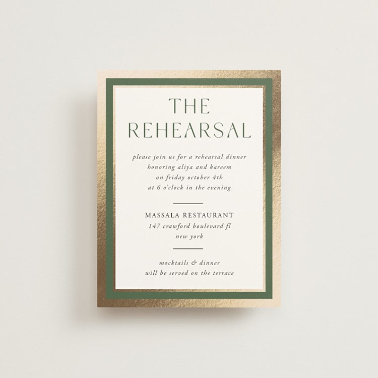 "Kareem" - Foil-Pressed Rehearsal Dinner Cards in Evergreen by Oma N. Ramkhelawan - Front