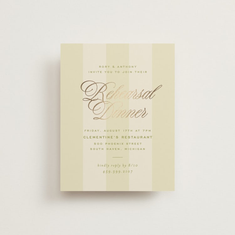 "rory" - Foil-Pressed Rehearsal Dinner Cards in Olive by Ellen Schlegelmilch - Front