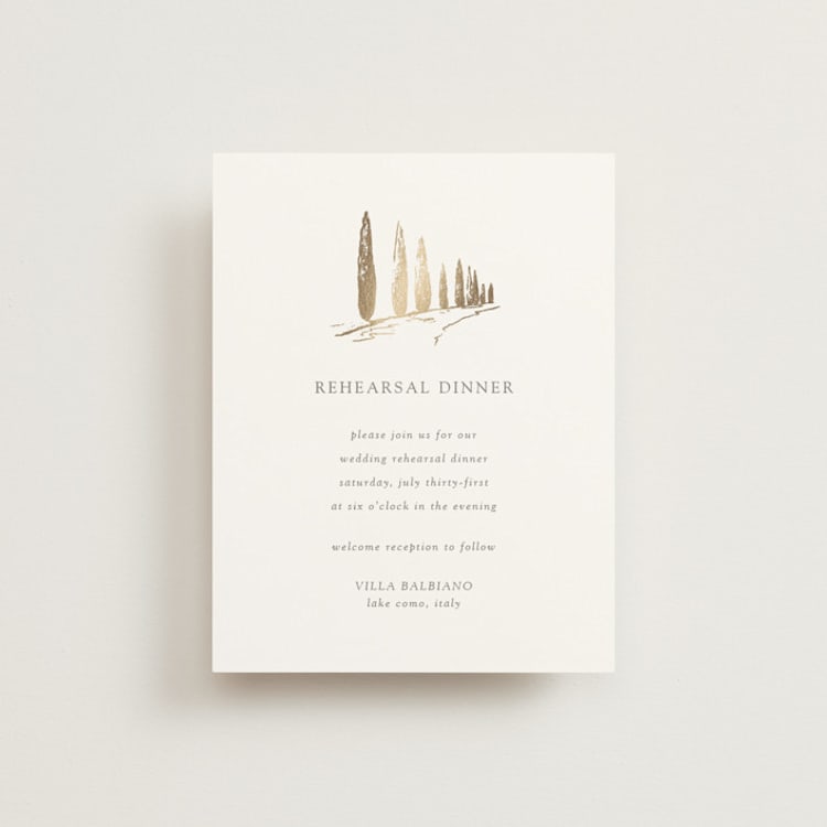 "Villa Balbiano" - Foil-Pressed Rehearsal Dinner Cards in Graphite by Melinda Denison - Front