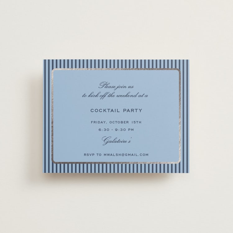 "Aperitif" - Foil-Pressed Rehearsal Dinner Cards in Sky by Megan Davis - Front