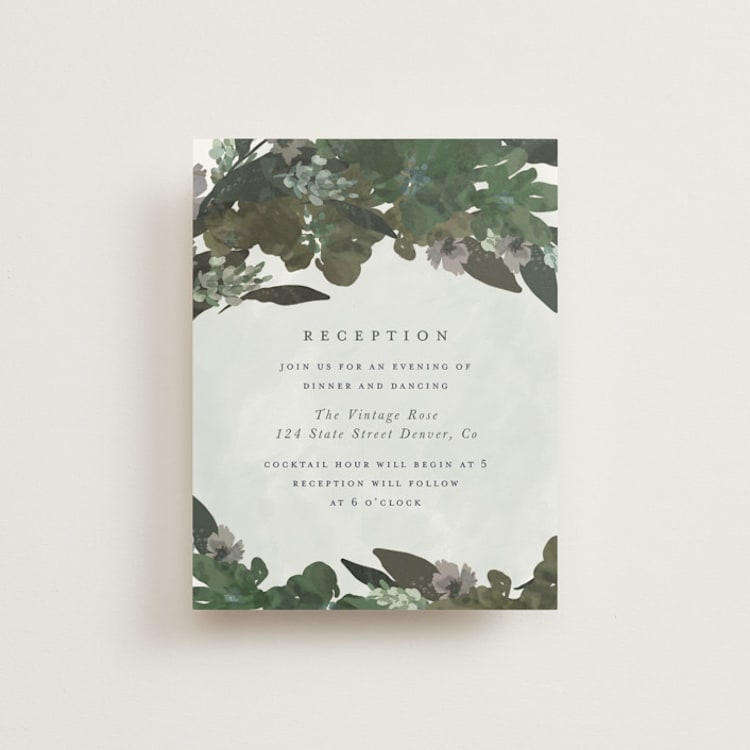 "Foliage Wreath" - Reception Cards in Evergreen by Grace Kreinbrink - Front