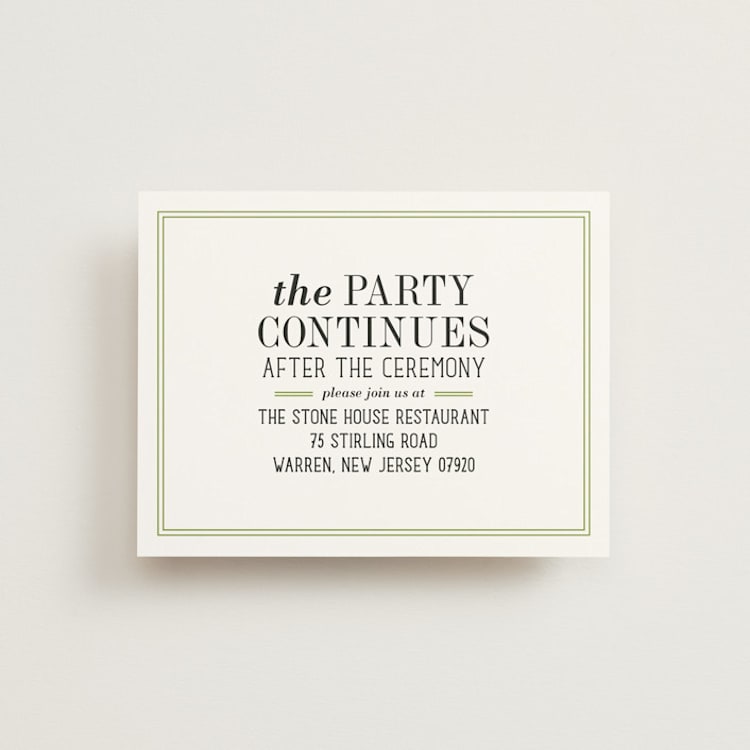 "Wed in Type" - Reception Cards in Moss by Ariel Rutland - Front