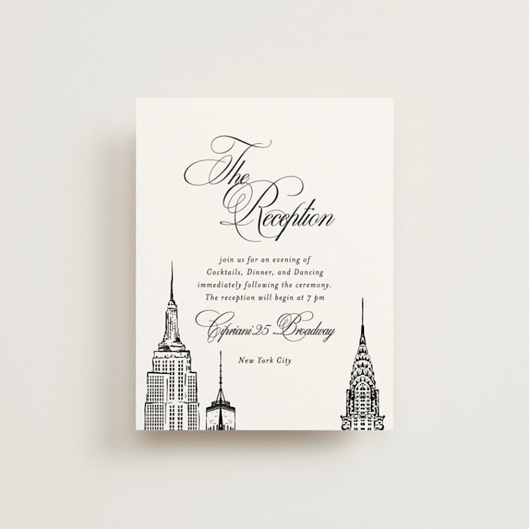 "New York Skyline" - Reception Cards in Noir by Melinda Denison - Front