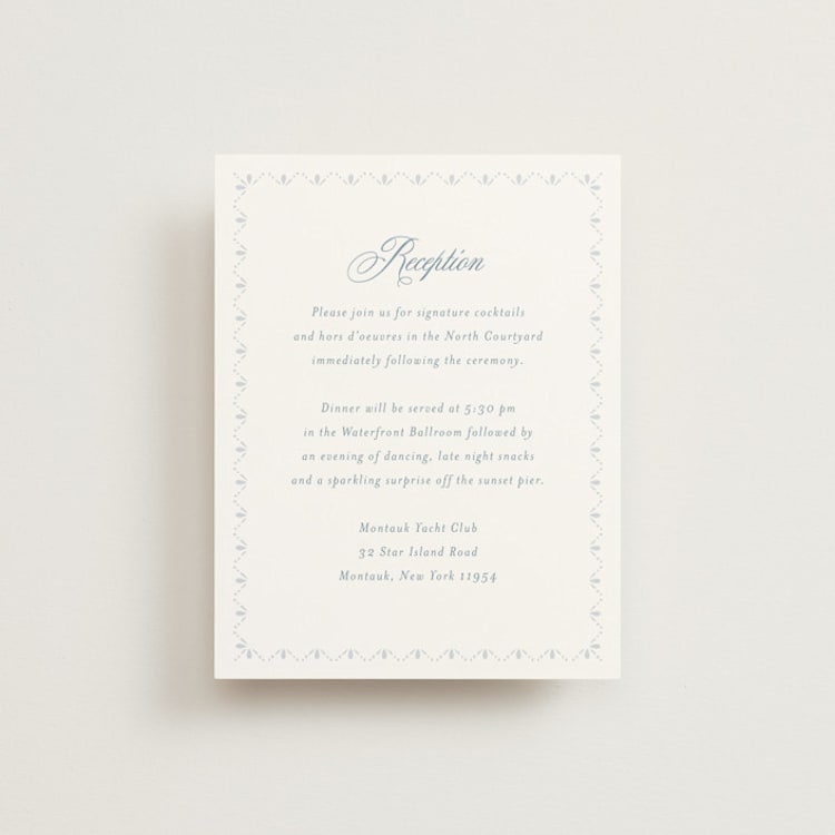 "Coastal Charm" - Reception Cards in Dusty Blue by Jennifer Postorino - Front