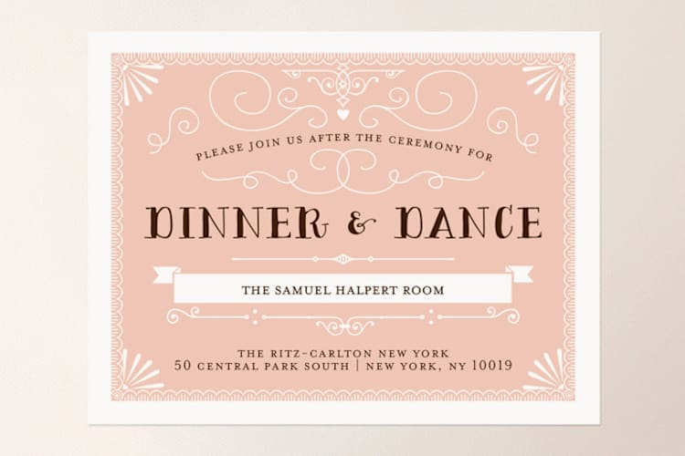 "Grand Flourish" - Reception Cards in Blush by Bonjour Paper - Front