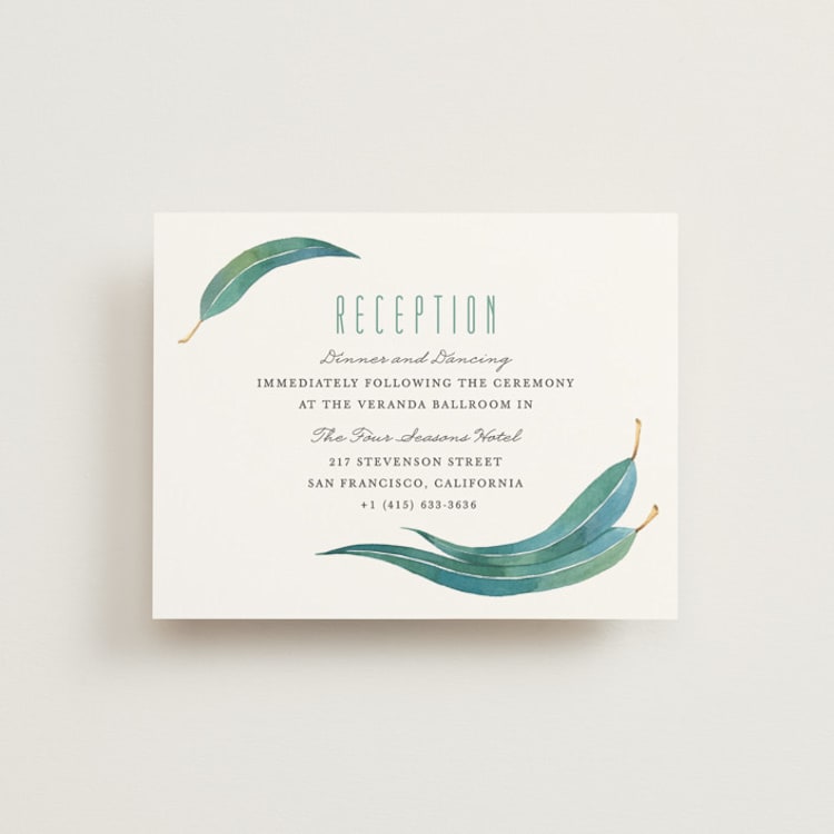 "Eucalyptus Leaves" - Reception Cards in Eucalyptus by Shannon Chen of Four Wet Feet Studio - Front