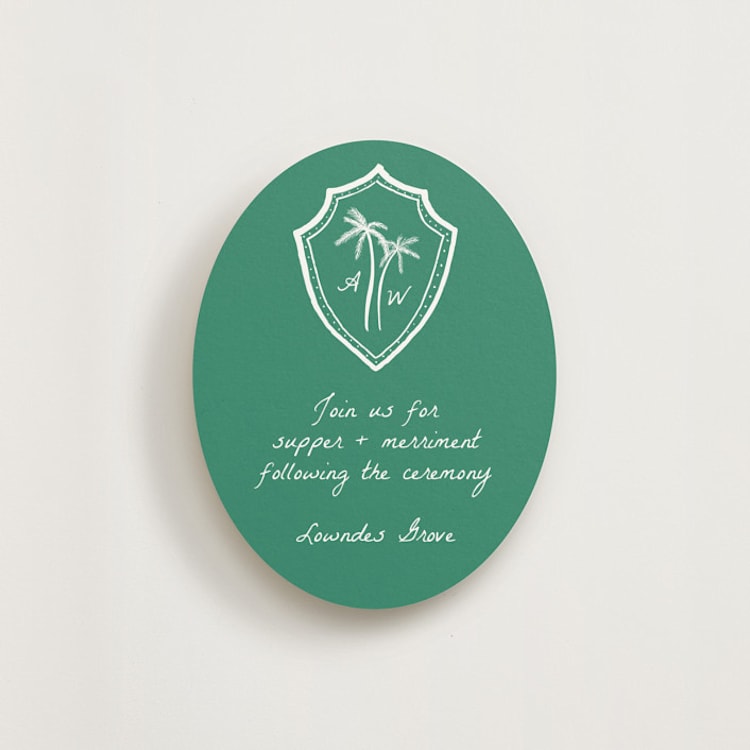 "Palm Tree Crest" - Reception Cards in Palm by Erika Firm - Front