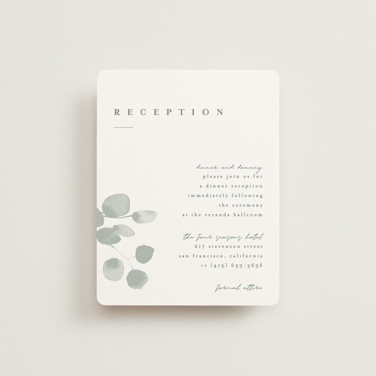"Silver Dollar Eucalyptus" - Reception Cards in Silver Dollar by Shannon Chen of Four Wet Feet Studio - Front