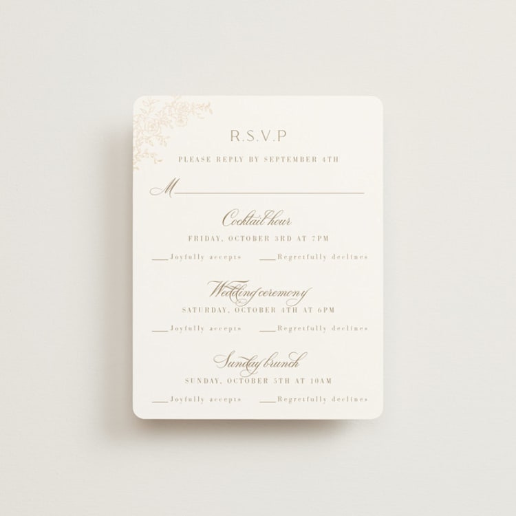"floral crest" - Foil-Pressed Multi-Event RSVP Cards in Champagne by Cass Loh - Front