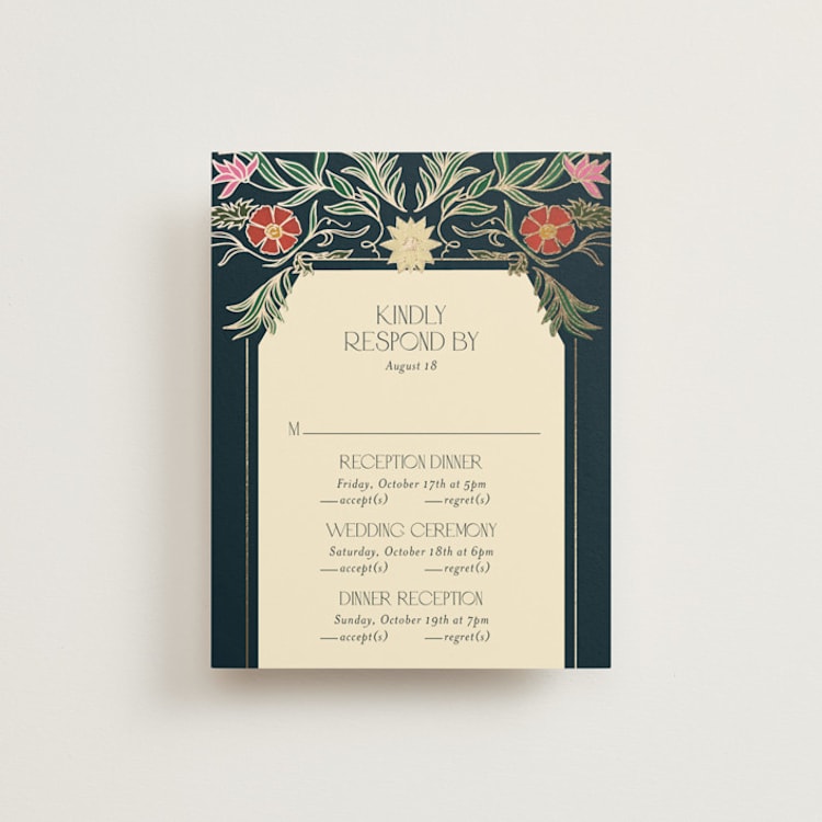 "Gilded Tapestry" - Foil-Pressed Multi-Event RSVP Cards in Midnight Garden by Simona Camp - Front