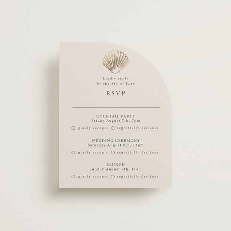 "Simple Seashell" - Foil-Pressed Multi-Event RSVP Cards in Sand by Hannah Bowman - Front