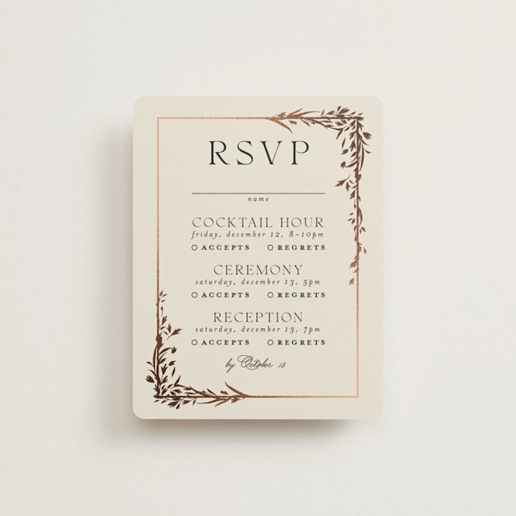 "Trailing Vines" - Foil-Pressed Multi-Event RSVP Cards in Almond by Erin L. Wilson - Front