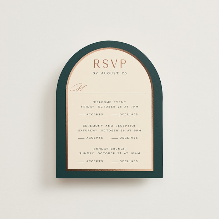 "Autumnal Arch" - Foil-Pressed Multi-Event RSVP Cards in Deep Sea by Erin German - Front