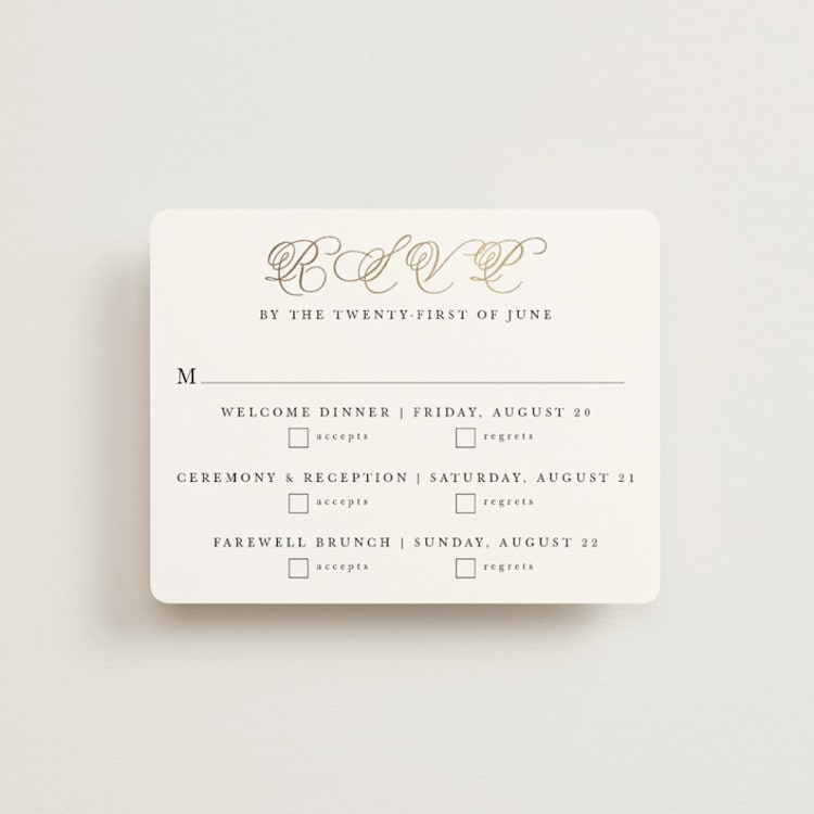 "Traditionalist" - Foil-Pressed Multi-Event RSVP Cards in Snow by Sarah Brown - Front