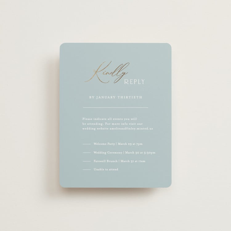 "Delicacy" - Foil-Pressed Multi-Event RSVP Cards in Dusty Blue by Angela Thompson - Front