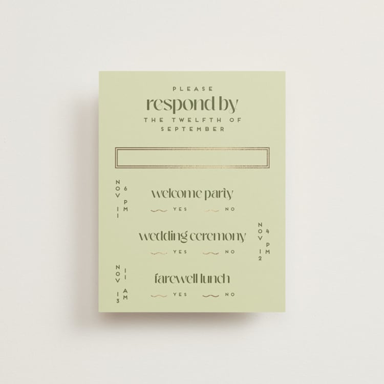 "News!" - Foil-Pressed Multi-Event RSVP Cards in Kiwi by Claudia Orengo - Front
