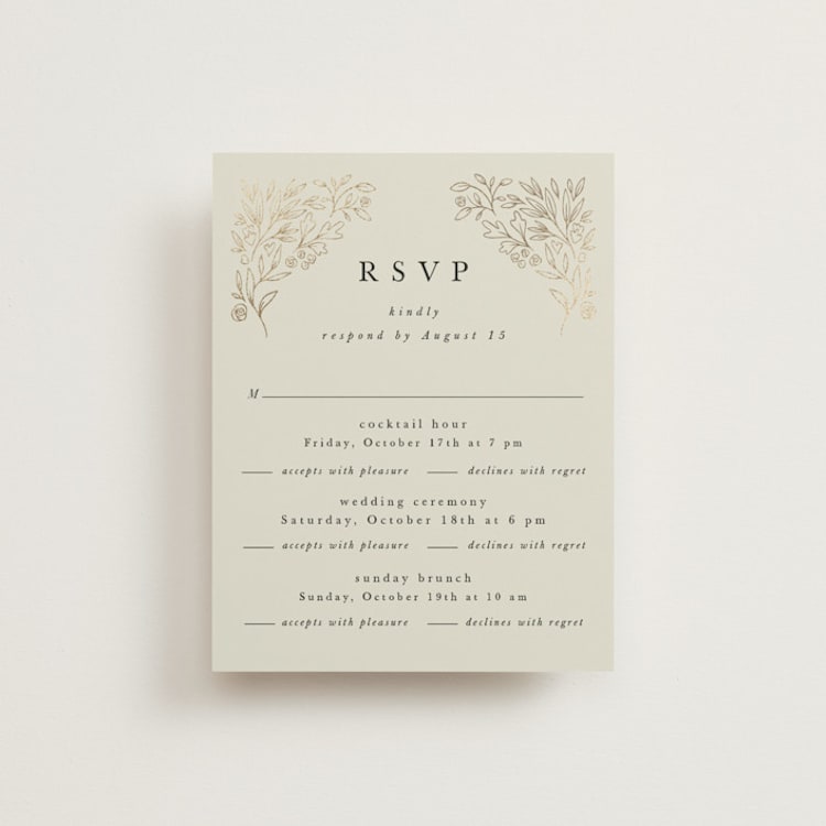"Foil Botanical Frame" - Foil-Pressed Multi-Event RSVP Cards in Taupe by Hannah Williams - Front