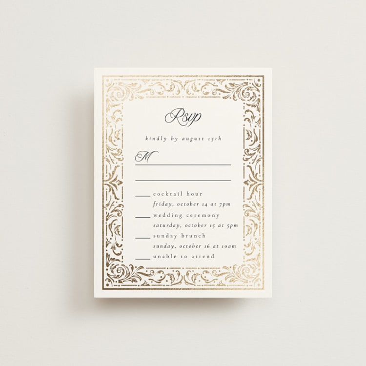"Regency Grace" - Foil-Pressed Multi-Event RSVP Cards in Onyx by Ana de Sousa - Front
