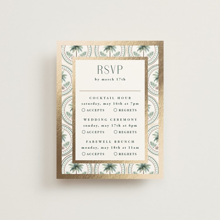 "Vintage Palms" - Foil-Pressed Multi-Event RSVP Cards in Sand by Maria Alou - Front