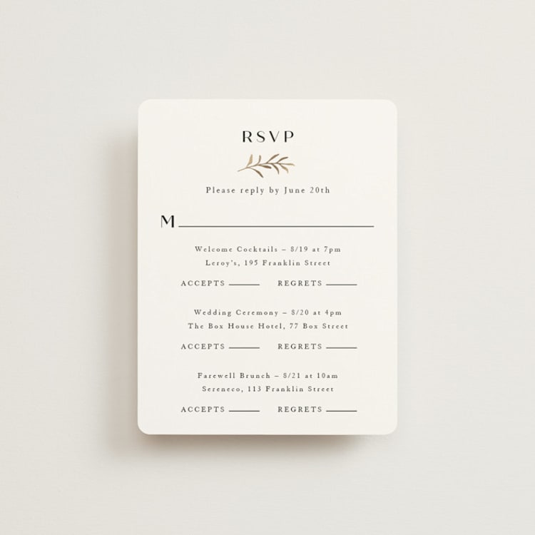 "Petite Sprig" - Foil-Pressed Multi-Event RSVP Cards in Black Dahlia by Olivia Raufman - Front