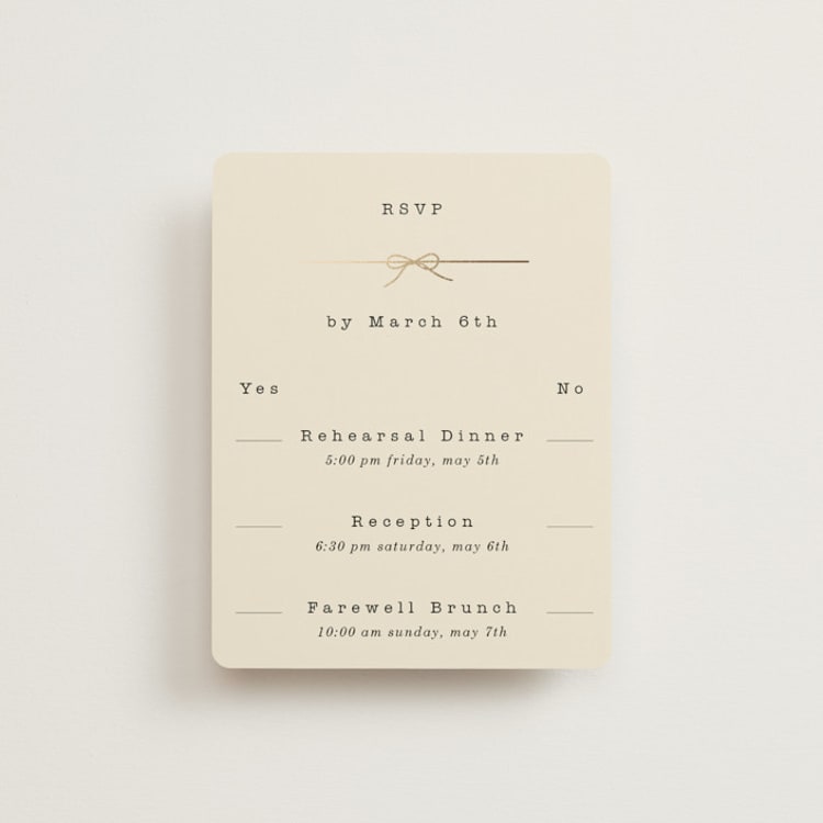 "Bow Tie" - Foil-Pressed Multi-Event RSVP Cards in Ivory by Baumbirdy - Front