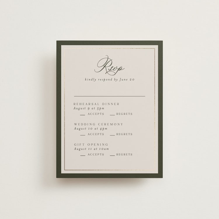 "Refined" - Foil-Pressed Multi-Event RSVP Cards in Deep Olive by Nicole Walsh - Front
