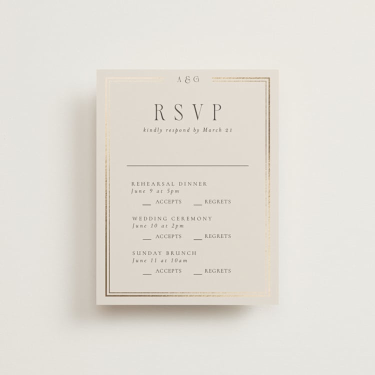 "Grace" - Foil-Pressed Multi-Event RSVP Cards in Champagne by Nicole Walsh - Front