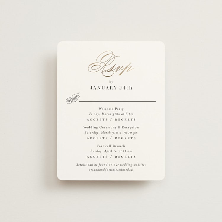 "Gilded Ampersand" - Foil-Pressed Multi-Event RSVP Cards in Cotton by Jennifer Postorino - Front