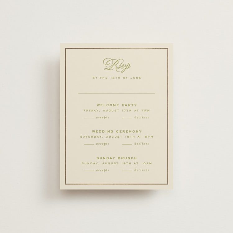 "rory" - Foil-Pressed Multi-Event RSVP Cards in Olive by Ellen Schlegelmilch - Front
