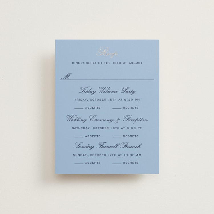 "Aperitif" - Foil-Pressed Multi-Event RSVP Cards in Sky by Megan Davis - Front