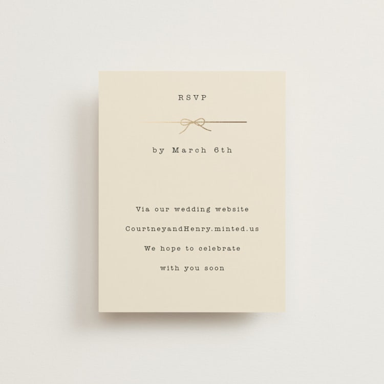 "Bow Tie" - Foil-Pressed RSVP Online Enclosure Cards in Ivory by Baumbirdy - Front