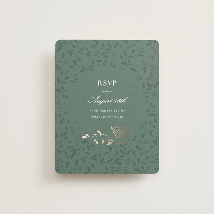 "Southern Romance" - Foil-Pressed RSVP Online Enclosure Cards in Eucalyptus by Simona Camp - Front
