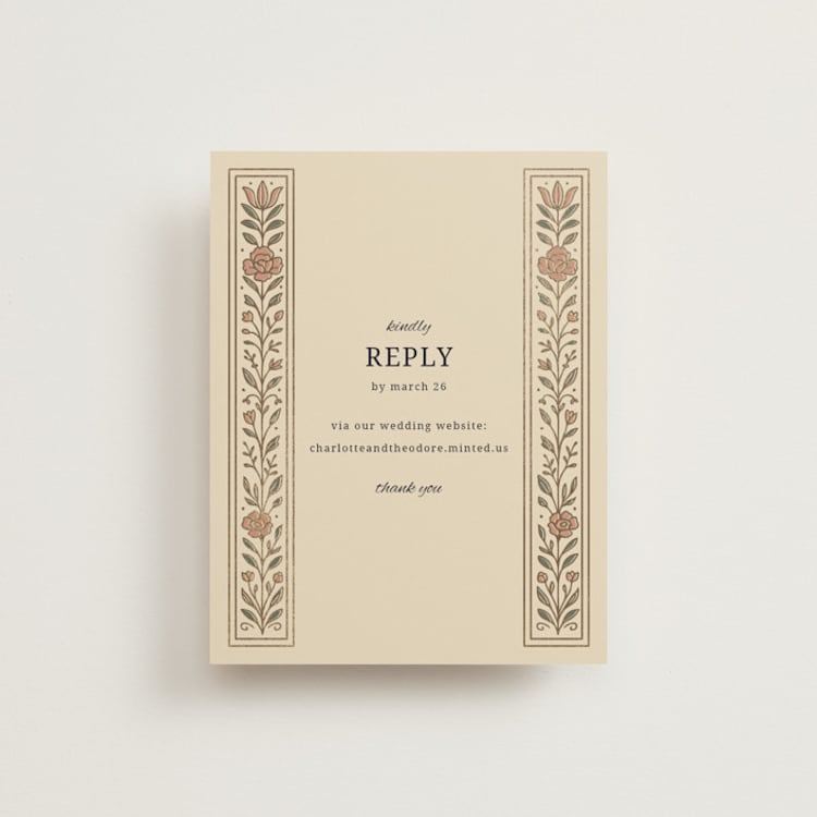 "Botanical Tapestry" - Foil-Pressed RSVP Online Enclosure Cards in Navy by Jess Rosa Beck - Front